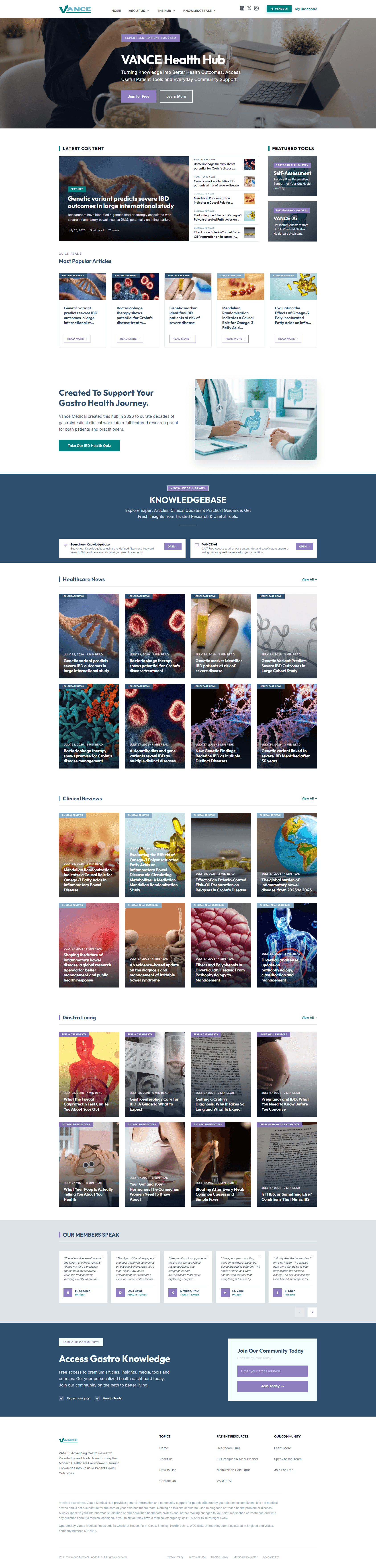 Preview of the VanceHealthHub website, scrolling through hero, latest content, knowledgebase and article sections.